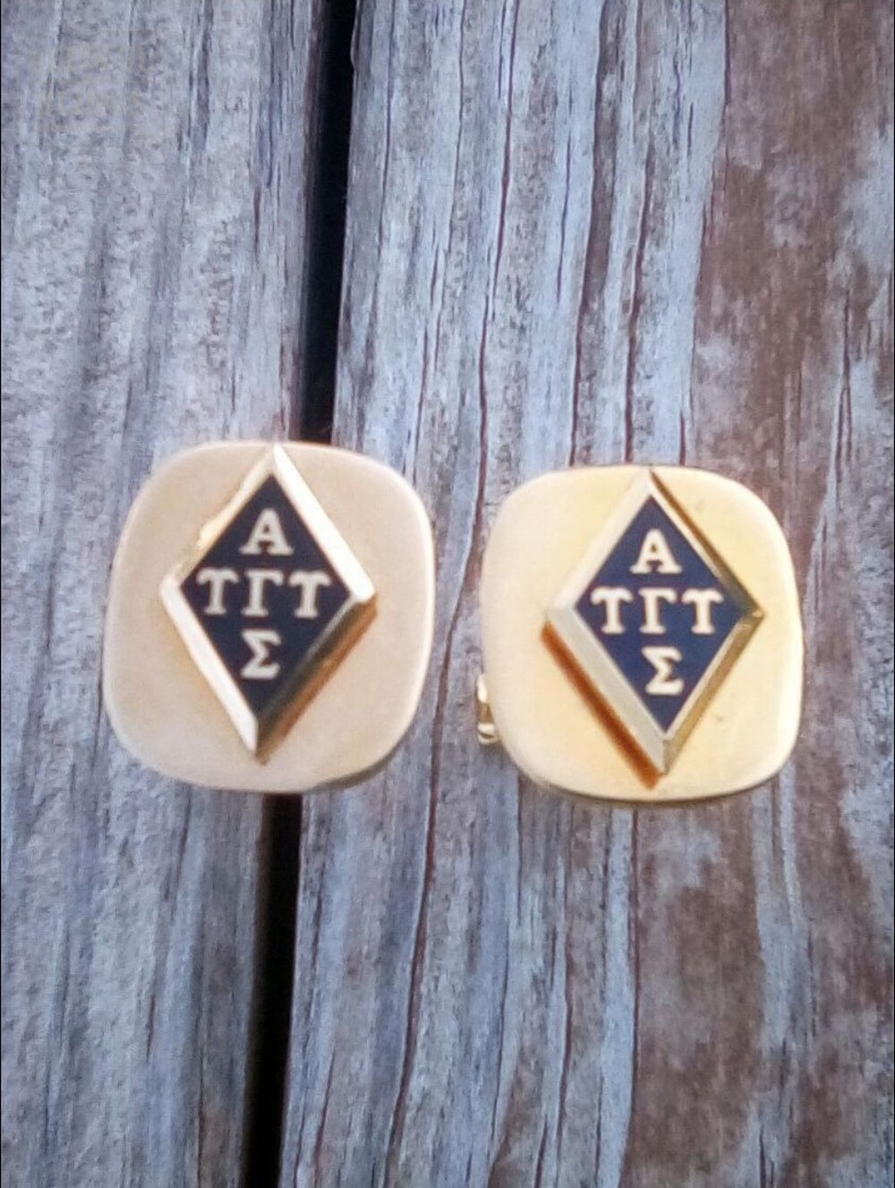 Vintage Men's Cufflinks Greek Letter Gold Tone Black Enamel 1960s Patent Toggle